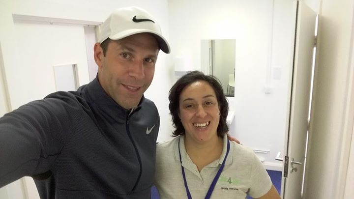helping greg rusedski play-golf-at dukes meadows in chiswick today at the leuka